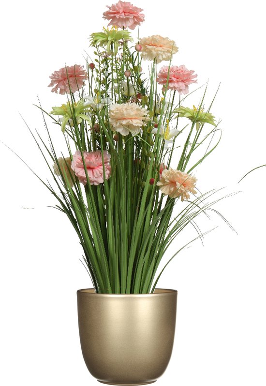 Kunstbloemen boeket roze - in pot goud - keramiek - H70 cm