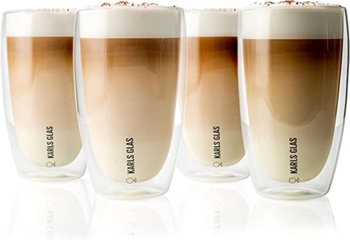 Forbabe Latte macchiato-glazen, dubbelwandig, 350 ml, spiraalvormig, borosilicaatglas, kopjes, thermoglazen, dubbelwandig, met 4 lepels, kristalhelder, koffieglazen, cappuccinoglazen, espressokopjes