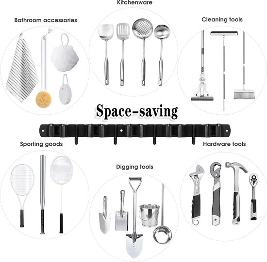 Bezemhouder Wand / Bezemhouder - Gereedschap houder - Bezem ophangsysteem Multi Wand Houder - Hanging system garden tools - 5 houders + 4 haken van Simply Home — afbeelding 4
