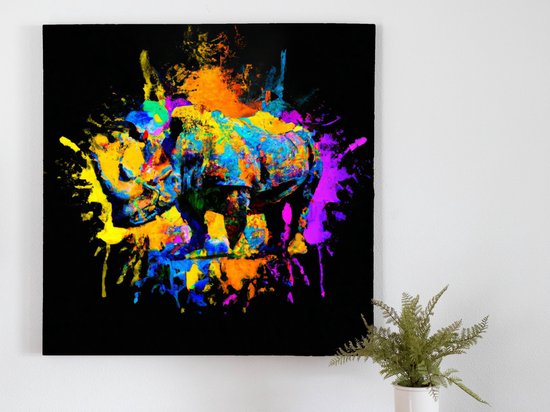 Explosive Rainbow Rhinoceros kunst - 100x100 centimeter op Canvas | Foto op Canvas - wanddecoratie