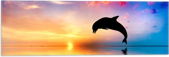 WallClassics - Vlag - Zonsondergang bij Silhouet van Dolfijn boven Water in Kleurrijke Omgeving - 60x20 cm Foto op Polyester Vlag