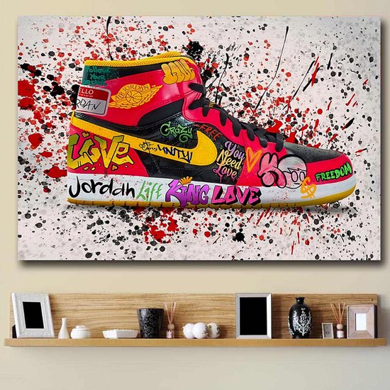 Allernieuwste.nl® Canvas Schilderij Jordan Sneaker Fashion Schoenen - Graffiti - kleur - 60 x 90 cm