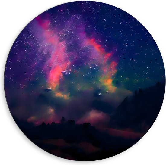 Dibond Muurcirkel - Roze en Geel Licht in de Melkweg - 80x80 cm Foto op Aluminium Muurcirkel (met ophangsysteem)