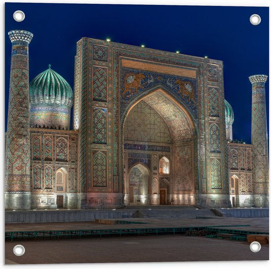 Tuinposter – Sher Dor Madrasah Tempel in Oezbekistan - 50x50 cm Foto op Tuinposter (wanddecoratie voor buiten en binnen)