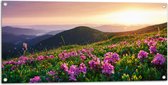 Tuinposter – Roze Bloemen op de Bergen van Landschap tijdens Zonsopkomst - 100x50 cm Foto op Tuinposter (wanddecoratie voor buiten en binnen)
