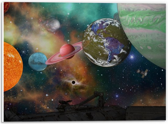 PVC Schuimplaat - Alle Planeten van het Universum vanaf Ruimteschip - 40x30 cm Foto op PVC Schuimplaat (Met Ophangsysteem)