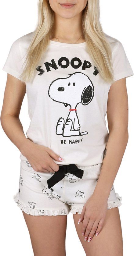 Snoopy Peanuts - Ecru zomer damespyjama met korte mouwen, katoen, ruches