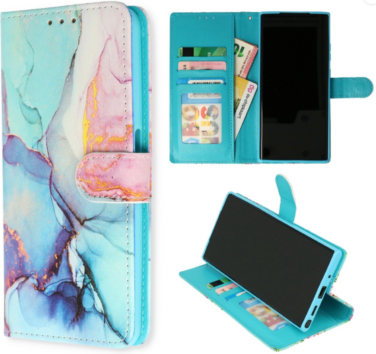 Cityhoesje–Bookcase geschikt voor Samsung S23 Plus-Print Marmer Roze-Blauw–incl. Pasjeshouder