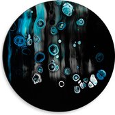 Dibond Muurcirkel - Blauwe Witte Cirkels en Strepen tegen Zwarte Achtergrond - 50x50 cm Foto op Aluminium Muurcirkel (met ophangsysteem)