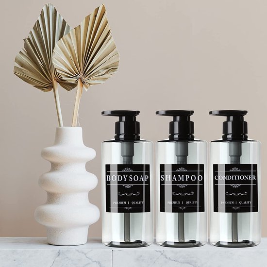 Set van 4 zeepdispensers 500ml, zeepdispenser voor de douche, kunststof navulbare pompdispenser met trechter en waterdichte etiketten, moderne