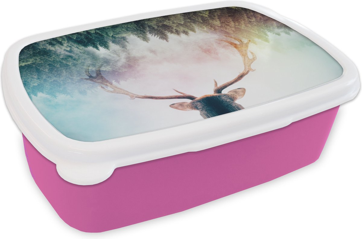 Broodtrommel Roze - Lunchbox - Brooddoos - Hert - Gewei - Bos - Mist - 18x12x6 cm - Kinderen - Meisje
