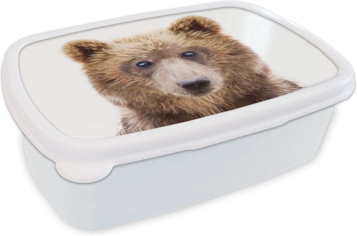 Broodtrommel Wit - Lunchbox - Brooddoos - Beer - Bruin - Dieren - Natuur - 18x12x6 cm - Volwassenen