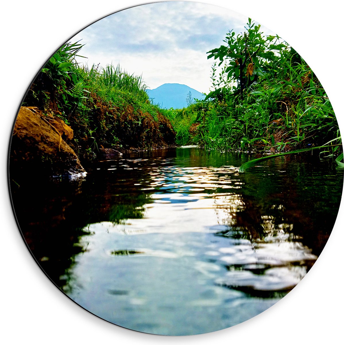 Dibond Muurcirkel - Sloot in het Groene Weiland onder Sluierbewolking - 30x30 cm Foto op Aluminium Muurcirkel (met ophangsysteem)