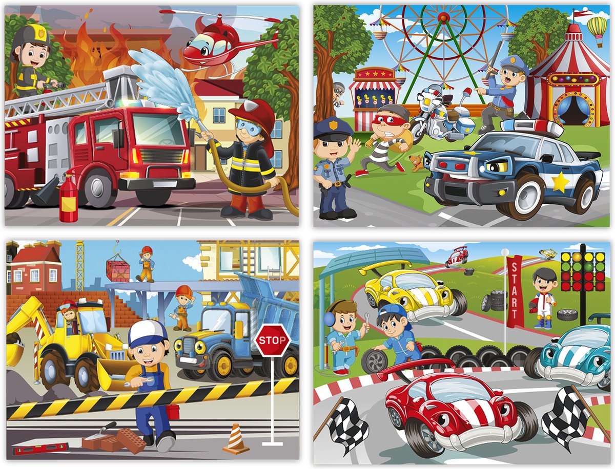 Grafix 4-in-1 Puzzels voor Jongens - Brandweer, Politie, Racen en