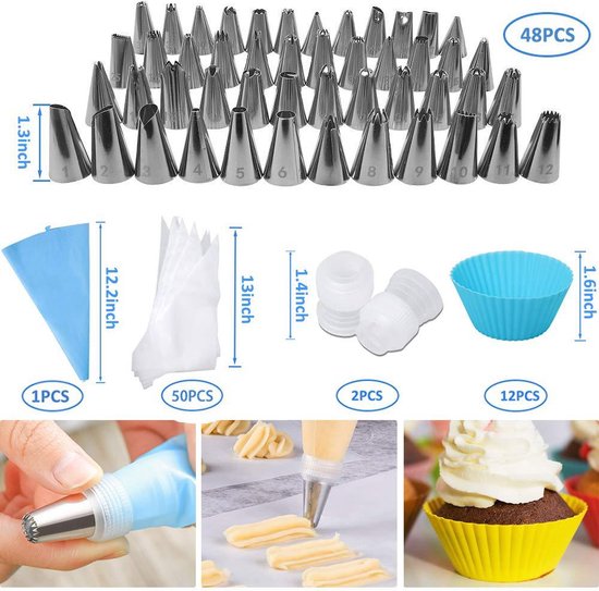 Douilles Pâtisserie,Poche à Douille en Silicone 60 Pièces Professionnel  Gâteaux Accessoire Kit Décoration de Cupcake et Muffins Gâteaux