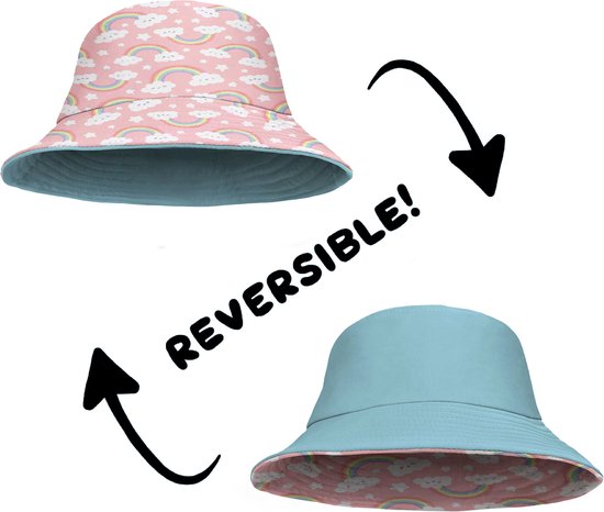 Bucket Hat - Vissershoedje - Hoedje - Kinderen - Regenboog - Rainbow - Reversible - 4 t/m 7 jaar - 52 cm - roze - lichtblauw