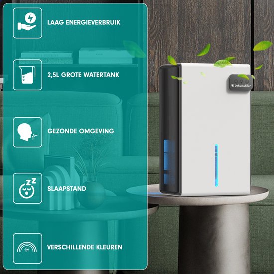 AG240 Luchtontvochtiger - Luchtreiniger - Dehumidifier - Grote watertank 2.5L capaciteit, 800ml/D ontvochtiging, 10-35m2 bereik -energiezuinig, verlichting 7 kleuren - Voor huis, kamer, badkamer & kelder