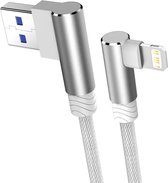 DrPhone D9 - Dubbele 90° Haakse Nylon Gevlochten 2.4A Lightning kabel – 1 Meter -Datasynchronisatie & Snel opladen – Geschikt voor iPhone / IPad – Zilver/Wit