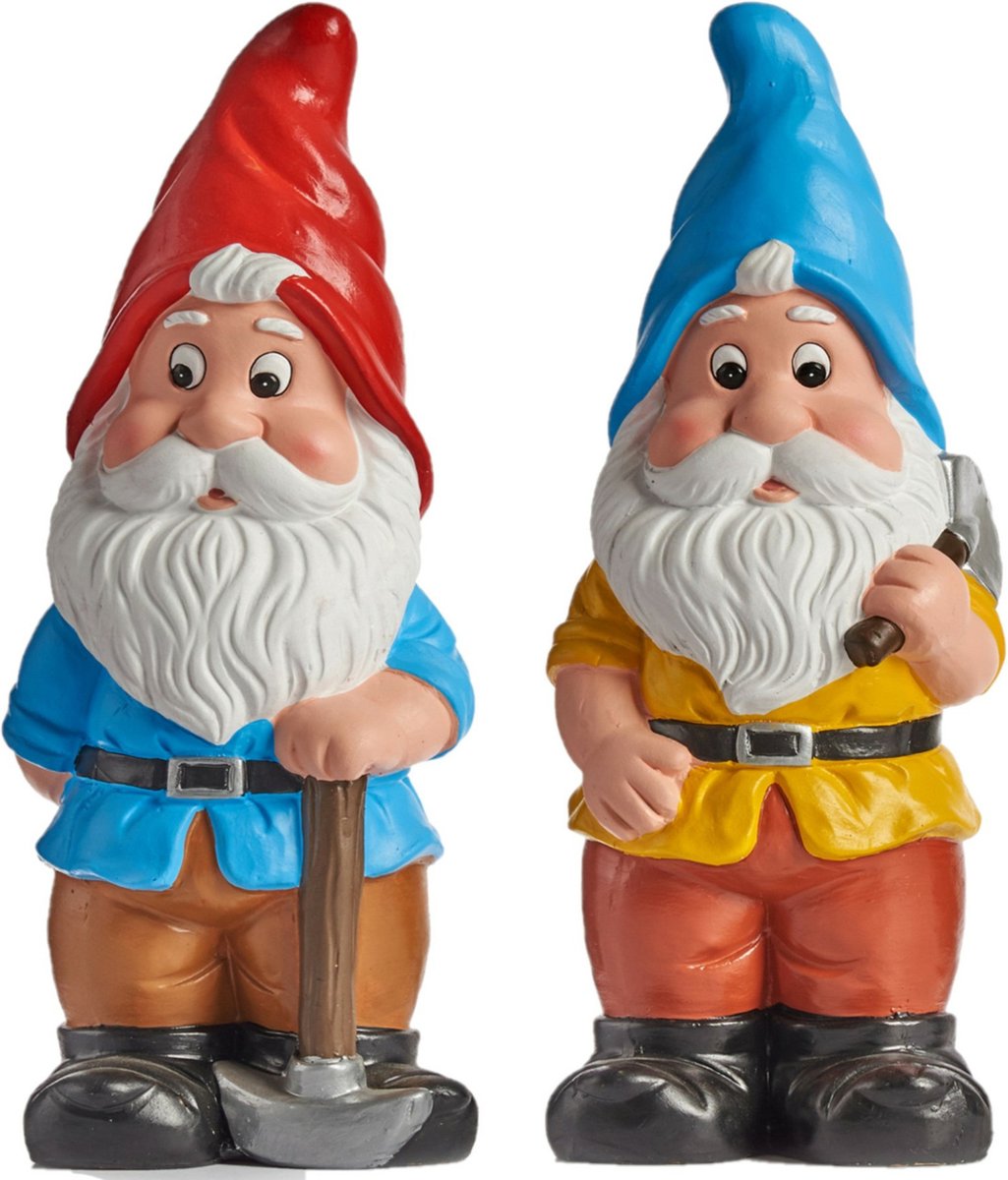Tuinkabouter beeldjes - set van 2x - Keramiek - 24.5 cm - blauw/rood