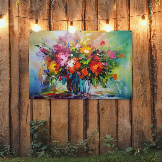 Affiche de jardin Fleurs - Coloré - Pot de fleurs - Peinture à l'huile - 130x80 cm - Décoration murale Extérieur - Affiche de jardin - Toile de jardin - Affiche de clôture - Tableau de jardin