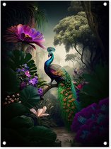 Tuinschilderij Pauw - Bloemen - Jungle - Regenboog - Veren - 60x80 cm - Tuinposter - Tuindoek - Buitenposter