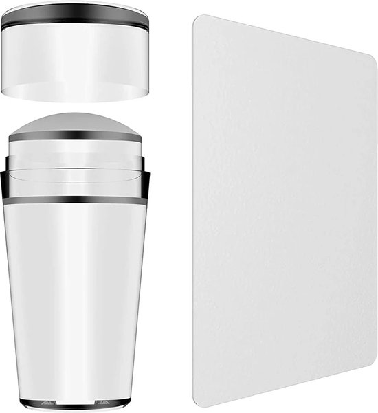 Transparante nagelstempel met zilveren ringen en een metalen schraper.