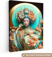 Canvas schilderij 120x160 cm - Wanddecoratie Vrouw - Kimono - Bloemen - Goud - Portret - Muurdecoratie woonkamer - Slaapkamer decoratie - Kamer accessoires - Schilderijen