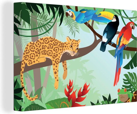 Canvas schilderij 140x90 cm - Wanddecoratie Jungle dieren - Toekan - Jongens - Meiden - Luipaard - Muurdecoratie woonkamer - Slaapkamer decoratie - Kamer accessoires - Schilderijen