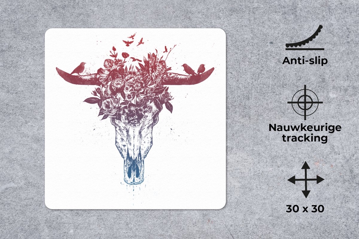 Muismat 30x30 cm - Mousepad Schedel - Natuur - Vogels - Hoorns - Muismatten
