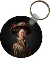 Sleutelhanger - Vrouw - Portret - Bloemen - Hoed - Aziatisch - Plastic - Rond - Uitdeelcadeautjes