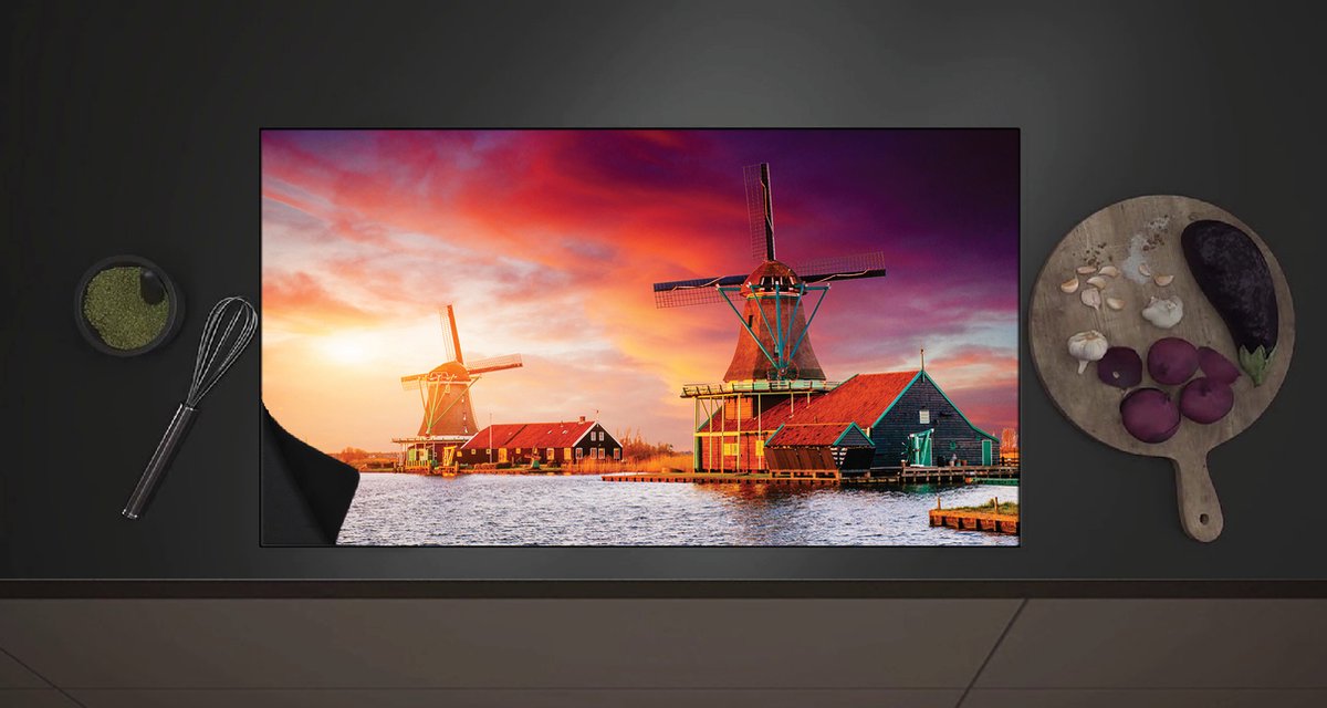 Inductieplaat Beschermer - Nederlandse Windmolens aan het Water onder Paars met Oranje Lucht - 90x52 cm - 2 mm Dik - Inductie Beschermer met zwarte kern