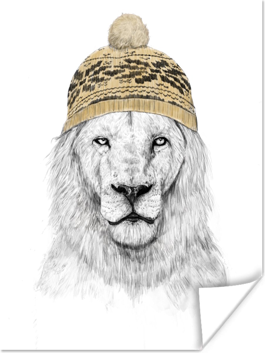 Poster Leeuw - Muts - Winter - Wit - 30x40 cm