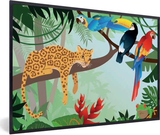 Fotolijst incl. Poster - Jungle dieren - Toekan - Jongens - Meiden - Luipaard - 120x80 cm - Posterlijst