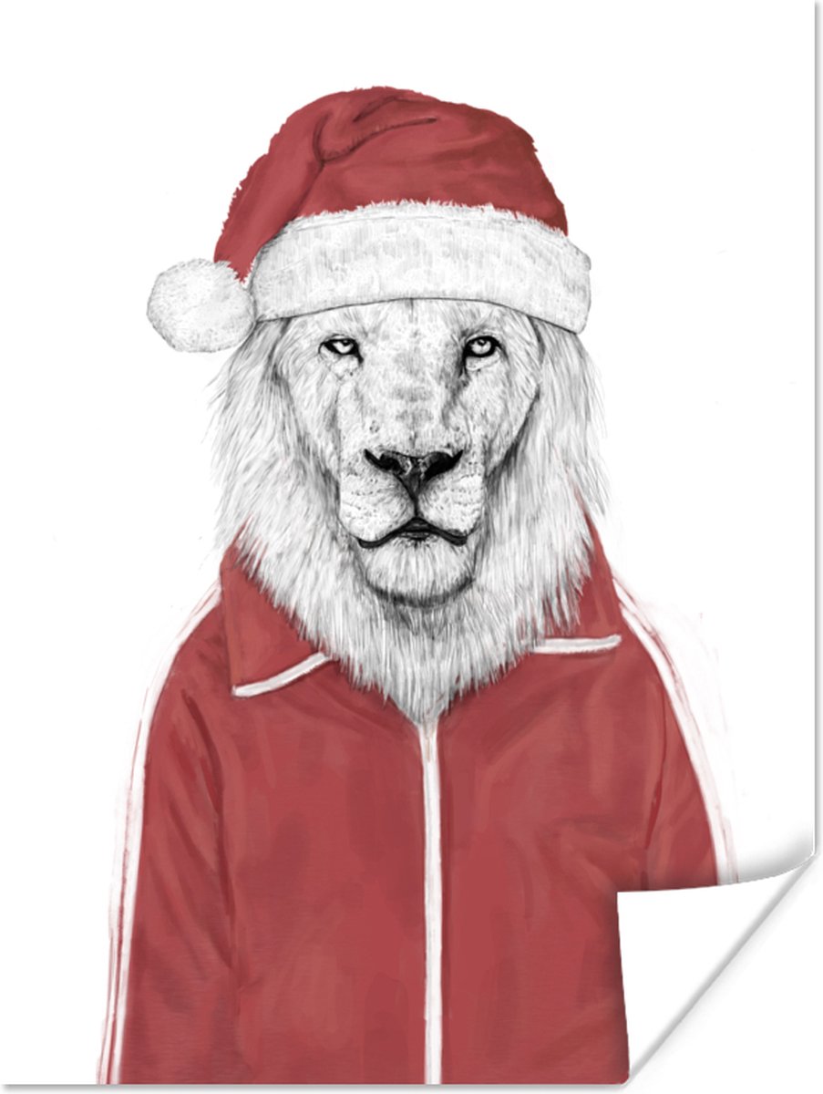 Poster Leeuw - Vest - Kerstmuts - Wit - 90x120 cm