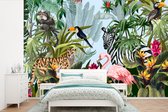 Behang - Fotobehang Jungle - Natuur - Jongens - Meisjes - Kinderen - Zebra - Flamingo - Breedte 525 cm x hoogte 350 cm
