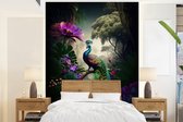 Behang - Fotobehang Pauw - Bloemen - Jungle - Regenboog - Veren - Breedte 195 cm x hoogte 260 cm