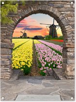 Tuinposter - Doorkijk - Tulpen - Molen - Nederland - Doorkijkje - Zonsondergang - 60x80 cm - Schuttingdoek - Tuindecoratie - Tuindoek - Buitenposter