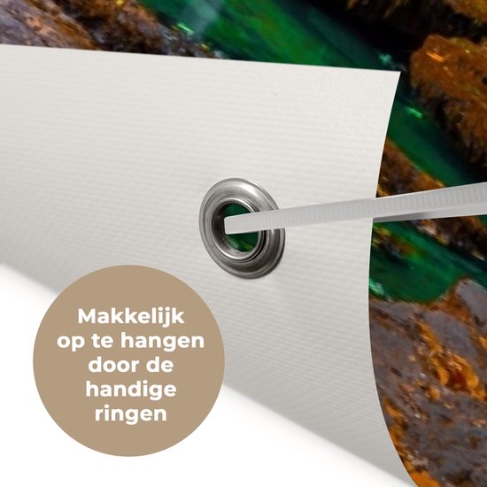 Tuinposter waterval - Planten - Stenen - Natuur - Zonlicht - Tuinschilderij voor buiten - Schutting decoratie - Tuin - 120x80 cm - Tuindecoratie - Schuttingdoek - Tuindoek