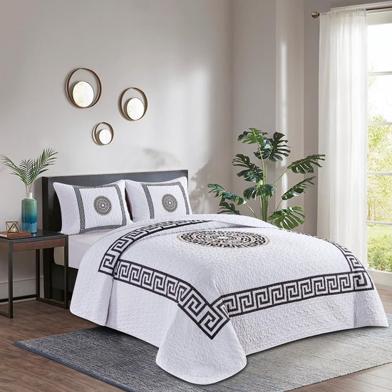 Parure de lit de Luxe - Couvre-lit 220x240 - Kussensloop 2x 50x70 - blanc avec détails de luxe noirs