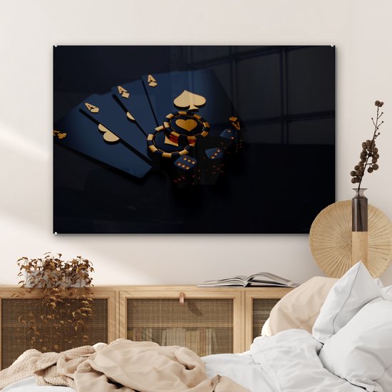 Tableau sur verre or noir - Cartes à jouer - Monnaies - Poker - Or - Zwart - 120x80 cm - Photo sur verre - Décoration salon