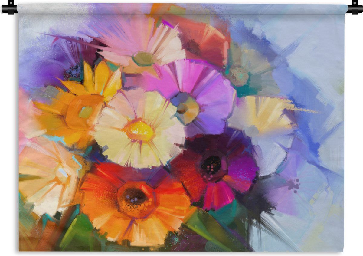 Wandkleed - Wanddoek - Olieverf - Kleuren - Bloemen - 150x112 cm - Wandtapijt