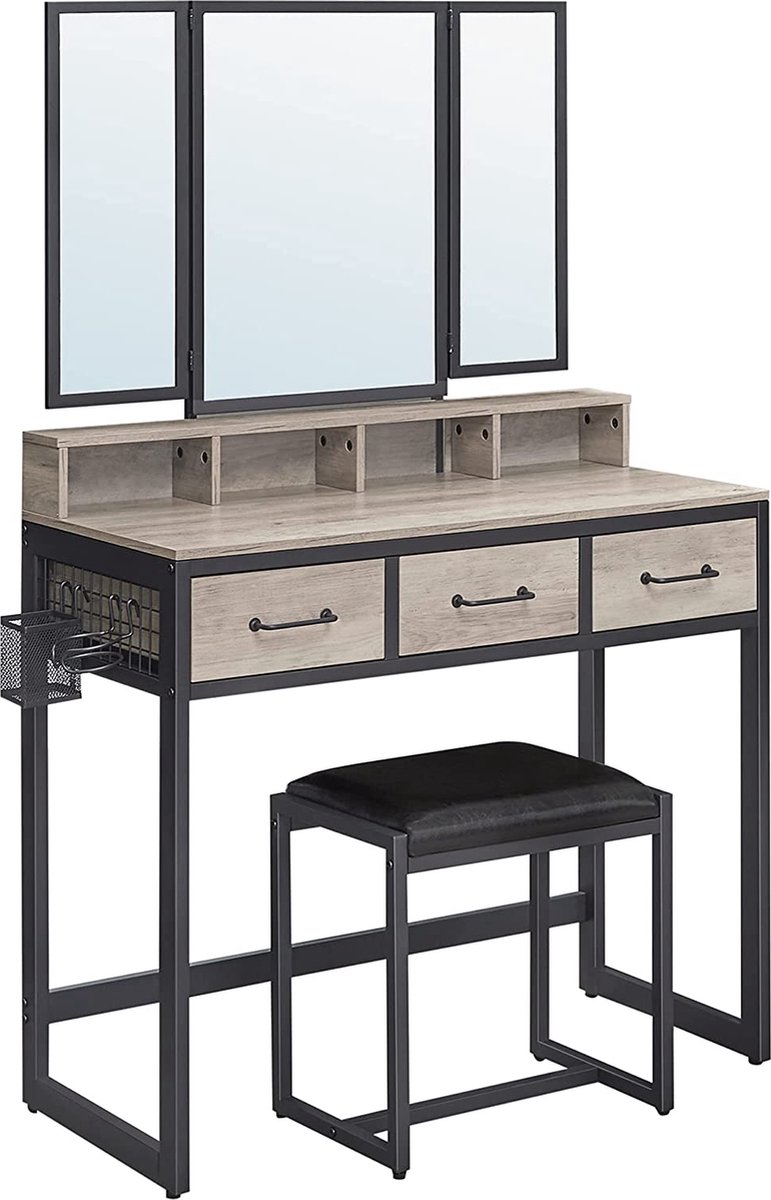 Hoppa! kaptafel met 3-delige klapspiegel, Haardroger Houder, make up tafel met gestoffeerde kruk, 3 lades, greige-zwart