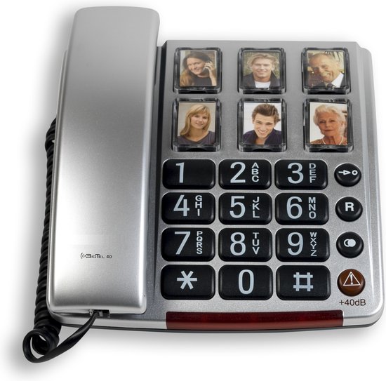 Amplicomms BigTel40BNL zilver Grote Toetsen Senioren telefoon voor de vaste lijn met foto's en extra luid