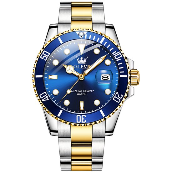 GWS OLEVS Horloge voor mannen - Heren horloge - Roestvrij Staal - Blauw Zilvergoud - met verstelbare pin -