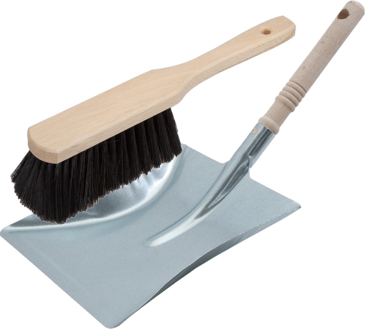 Stoffer en blik van verzinkt metaal/hout voor binnen