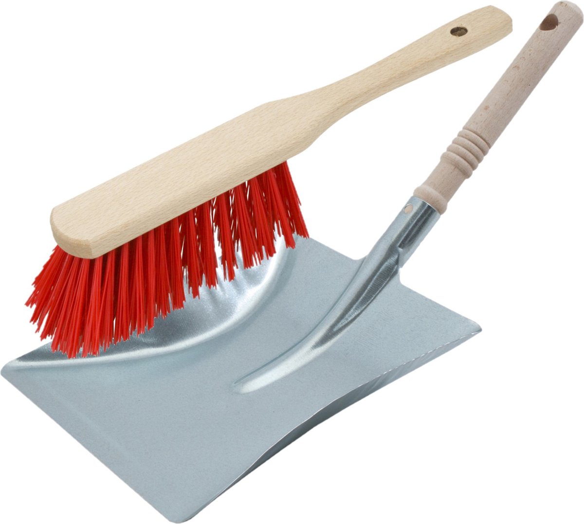 Stoffer en blik zilver/rood van verzinkt metaal/hout voor buiten
