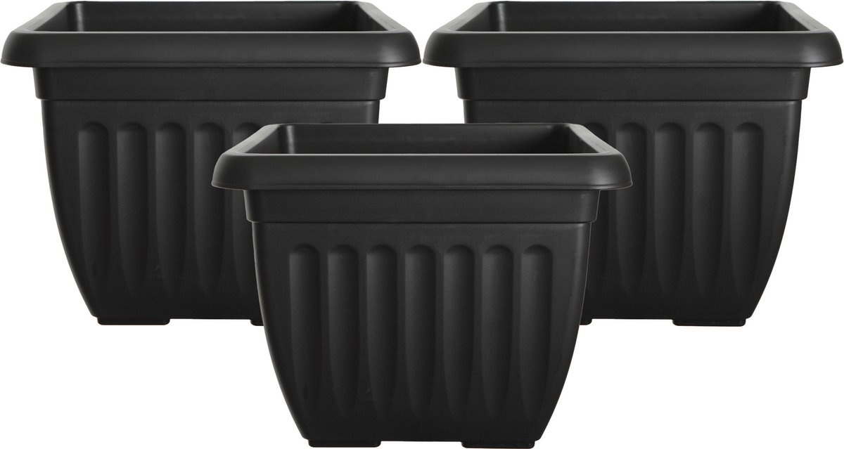 Whitefurze Buiten plantenpot/bloempot/planter - 3x - zwart - kunststof - L30 x B30 x H22 cm