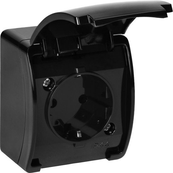 Zwarte opbouw wandcontactdoos met open klep, toonplek voor stopcontact.