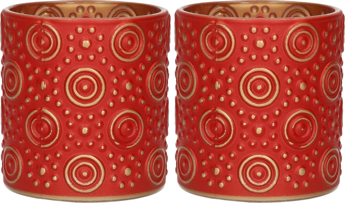 Countryfield Luxe theelichthouder - 2x stuks - Fantasy - glas - rood/goud - D7 x H8 cm