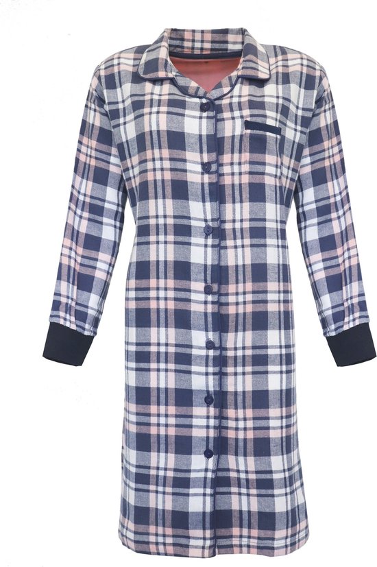 Irresistible Dames Nachthemd - Flannel - Doorknoop - Blauw - Maat L